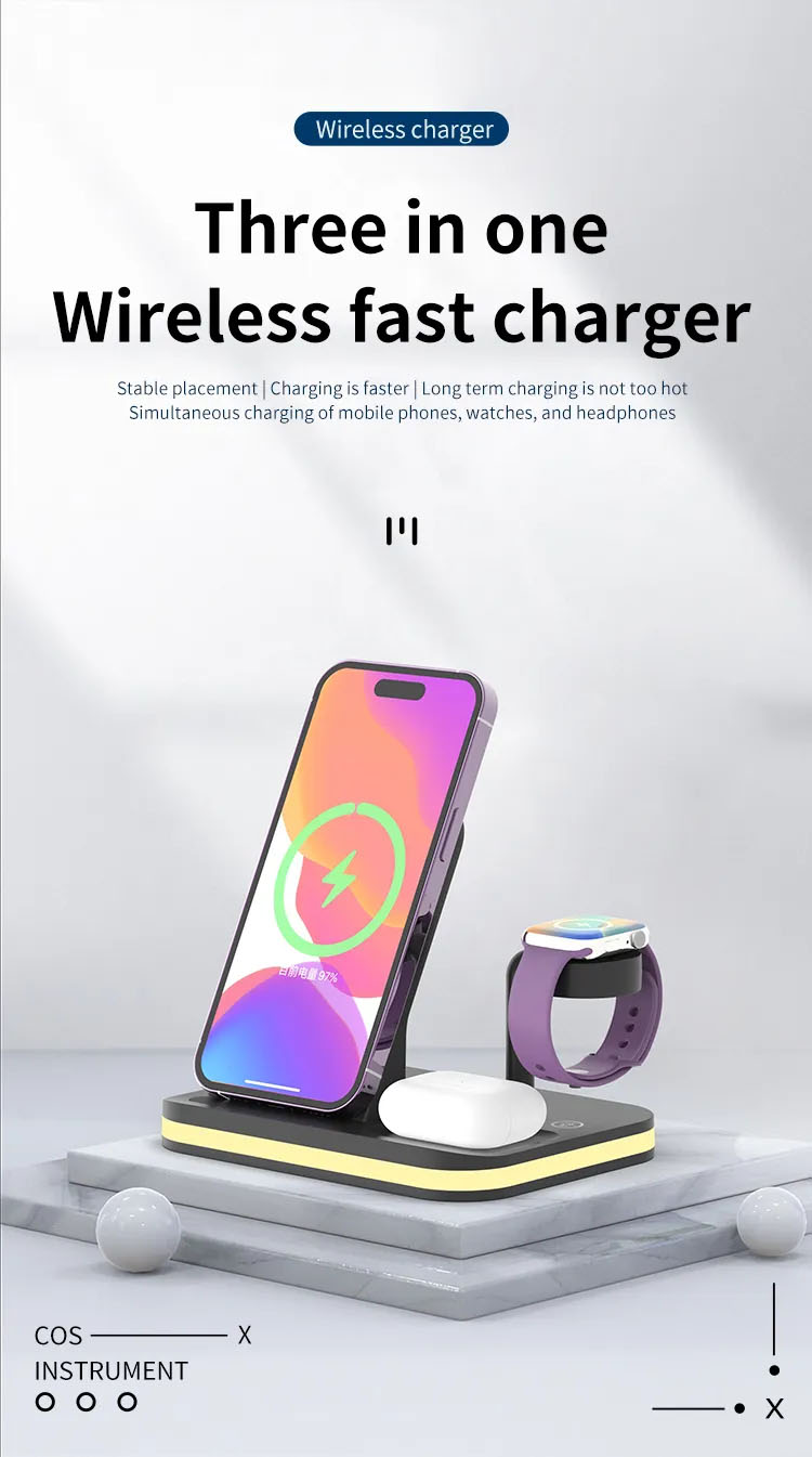 Cell phone wireless charging station, 15W fast charging stand, 4 in 1 cell phone stand, lighted wireless charger