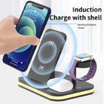 Surbort Cell phone wireless charging station, 15W fast charging stand, 4 in 1 cell phone stand, lighted wireless charger