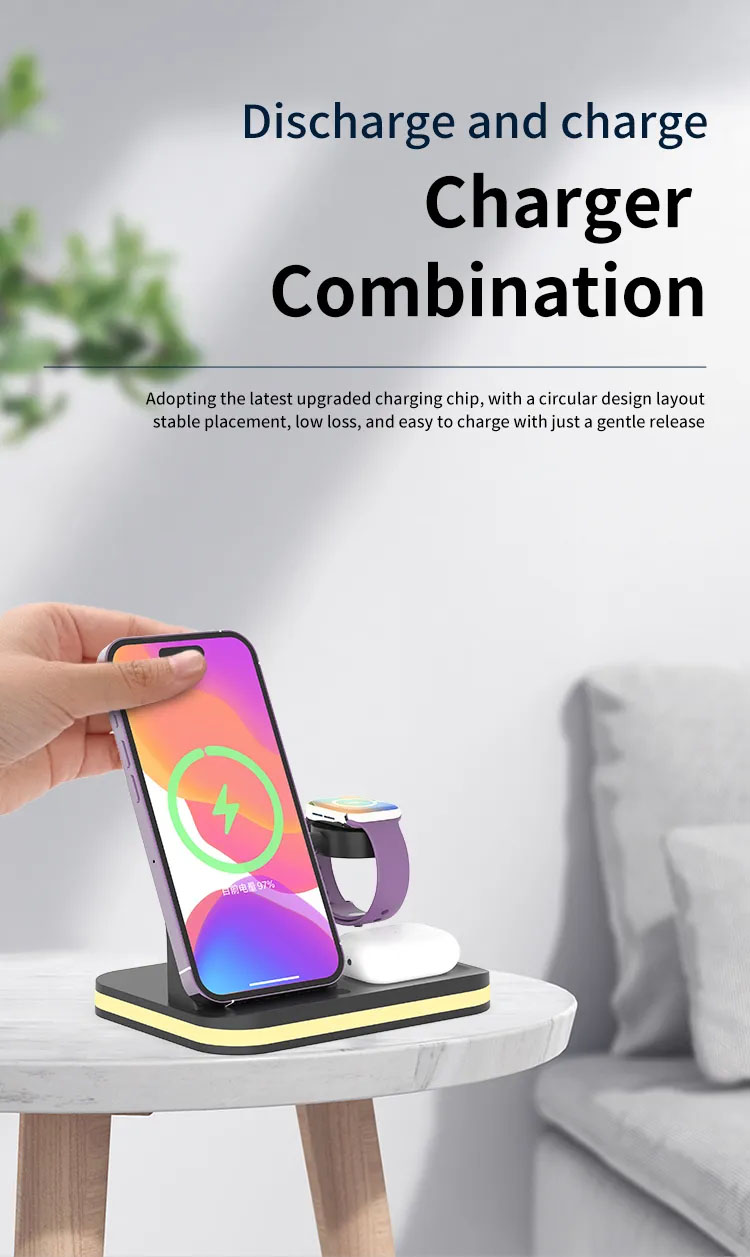 Cell phone wireless charging station, 15W fast charging stand, 4 in 1 cell phone stand, lighted wireless charger