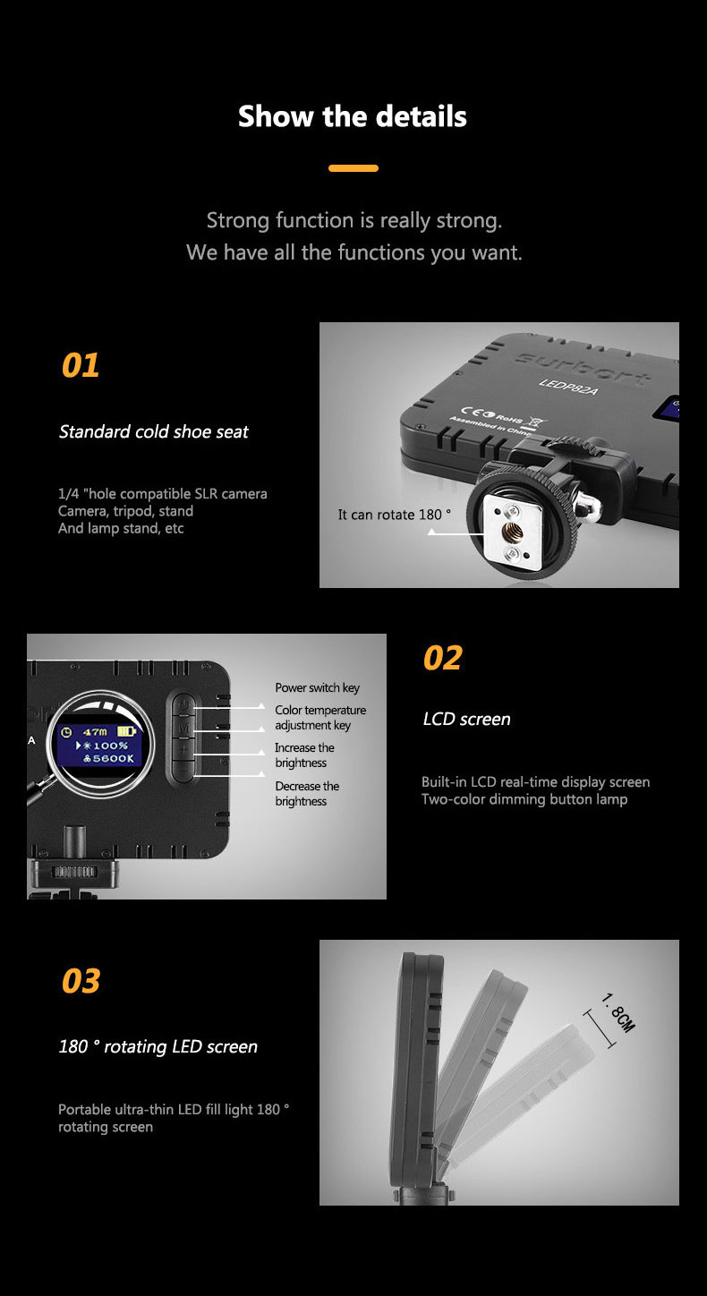 Surbort LED Fill light for Camera, video, photography with dual-color dimming, LCD display, ultra -thin portable