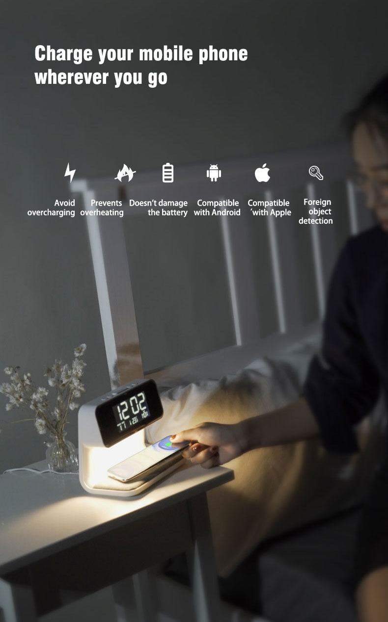 Surbort Wireless Clock, Multi-function Wireless Charger, Bedside Touch Dimming Night Light, Indoor Desk Lamp 