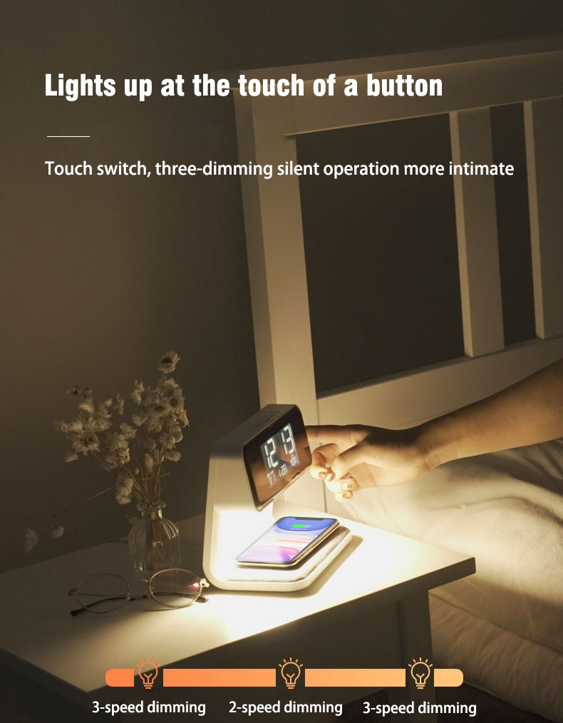 Surbort Wireless Clock, Multi-function Wireless Charger, Bedside Touch Dimming Night Light, Indoor Desk Lamp 